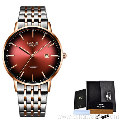 Unisex LIGE 10037 Luxury Ladies Watches Waterproof Rose Gold Steel Strap Top Brand Bracelet Clocks Relogio Hour Quartz Men Watch